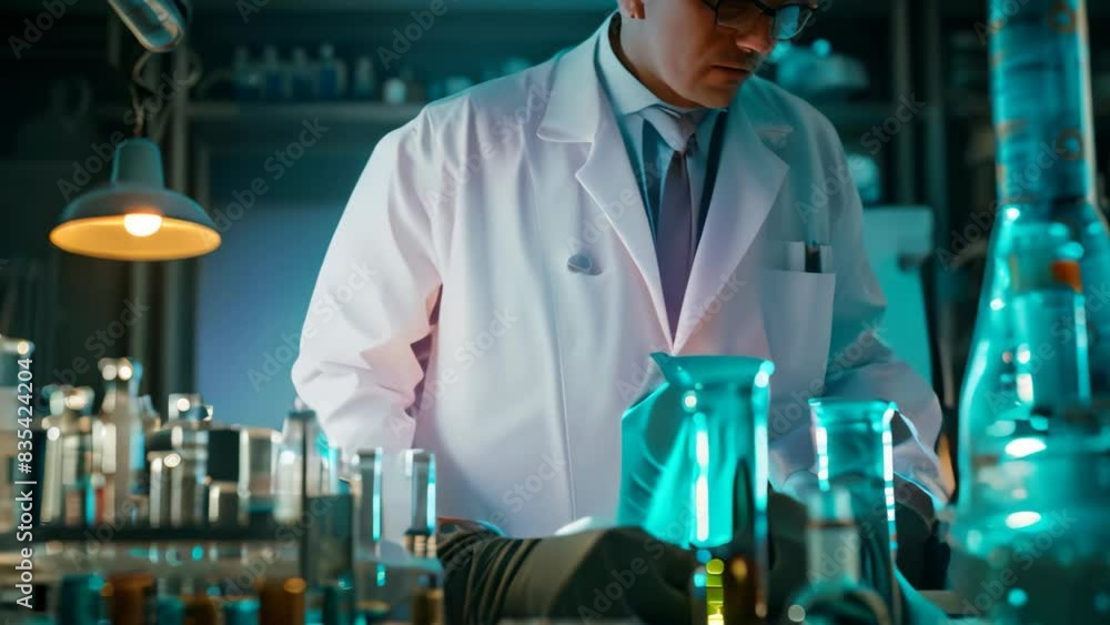 Poster A man in a lab coat and goggles working with test tubes and equipment in a laboratory setting, A scientist surrounded by test tubes and equipment