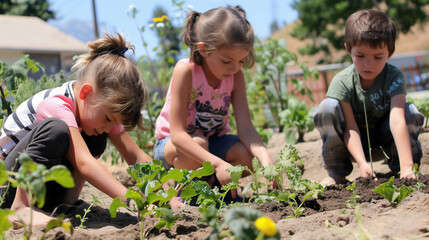 mixed race children in elementary School age gardening in the community garden and enjoy the learning about agriculturagl