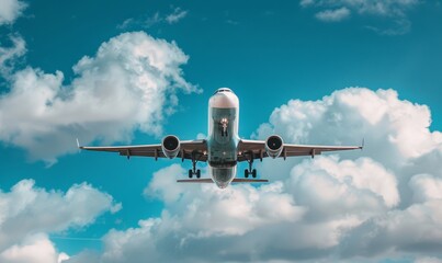 Photo of an airplane flying in the sky, with white clouds and blue background 