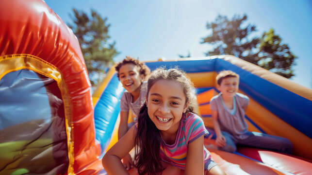 Happy group of kids in the inflatable bounce house on summer day