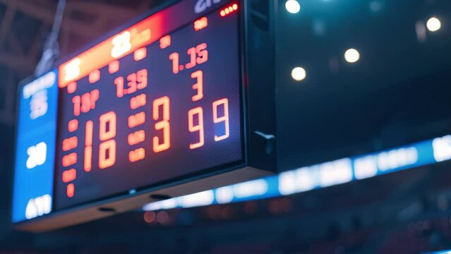 A basketball scoreboard displaying the current score of a game, suspended from the ceiling, A scoreboard displaying the current score of a game