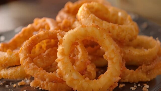 A stack of crispy onion rings arranged neatly on a wooden table, A scrumptious pile of golden onion rings