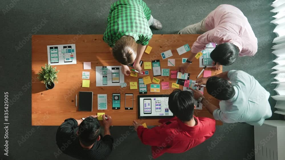 Poster top down view of business team writing idea on sticky note while planing for ux ui design for mobile