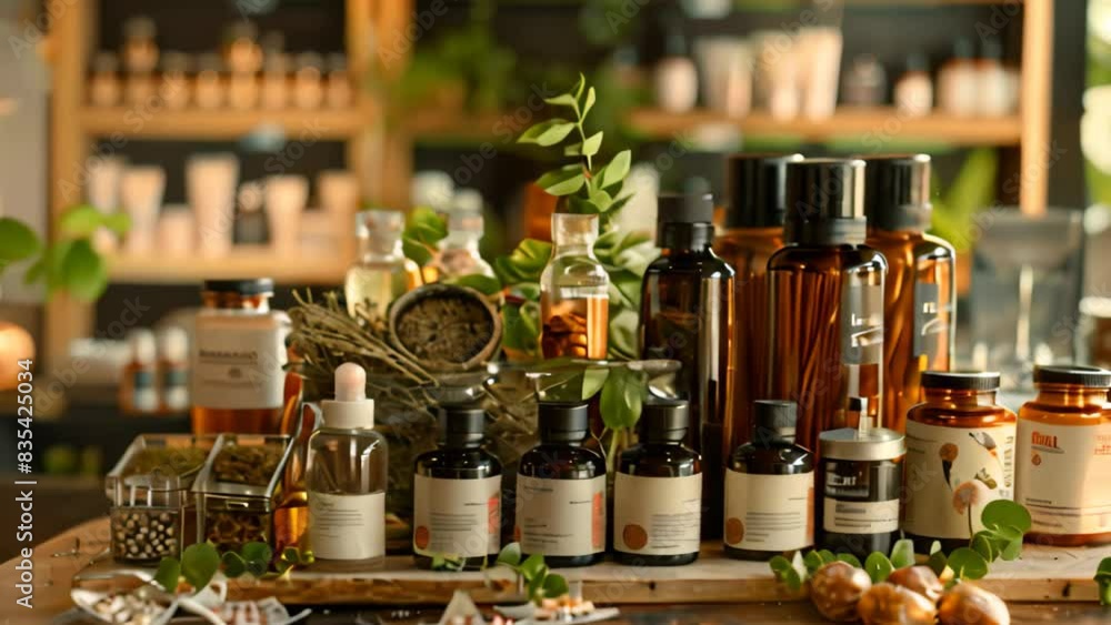 Poster many bottles of various shapes and sizes arranged neatly on a wooden table, a section dedicated to h