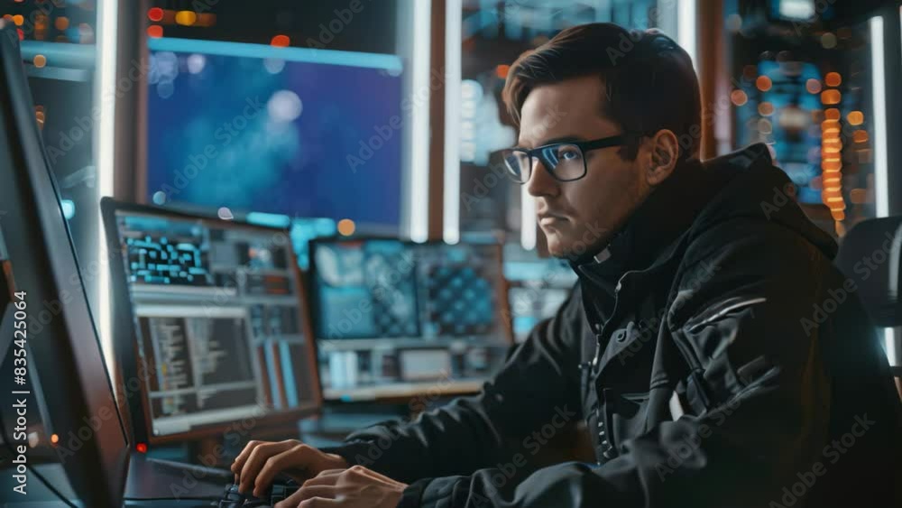 Poster a man sits in front of a computer monitor, analyzing data as a security architect designing a secure