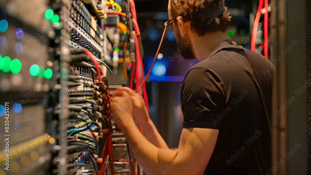 Poster a security architect focuses on configuring a server in a server room, a security architect designin