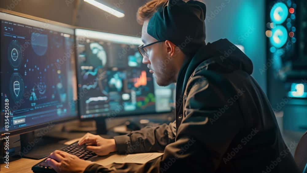 Poster a man sitting in front of two computer monitors, designing a secure network architecture, a security