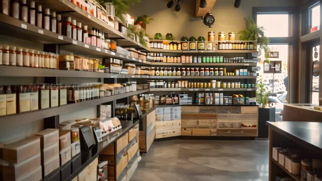 A store brimming with shelves stacked high with countless bottles of various products, A section dedicated to health and wellness products