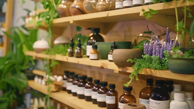 A shelf holding numerous bottles and various plants in a health and wellness section, A section dedicated to health and wellness products