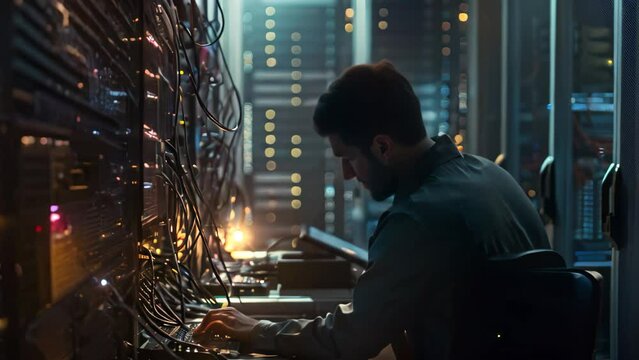 A security architect is focused on designing a secure network while working on a computer in a server room, A security architect designing a secure network infrastructure