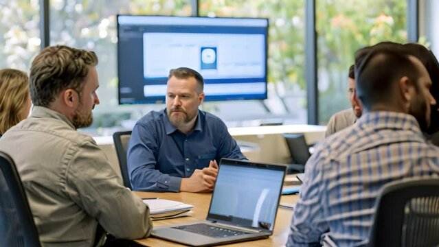 Employees engaged in a training session with their laptops at a conference table, A security awareness trainer educating employees on cybersecurity best practices