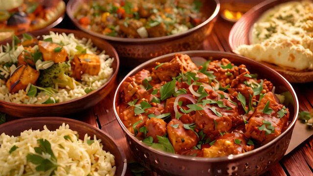 A table showcasing various types of food in bowls from different cuisines, A selection of international cuisine options