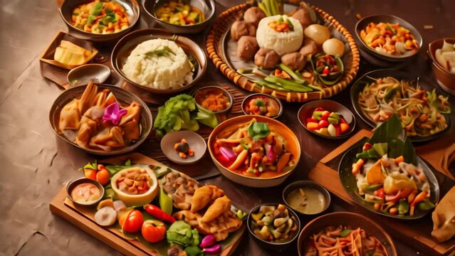 A variety of different types of food from around the world displayed on a table, A selection of international cuisine options