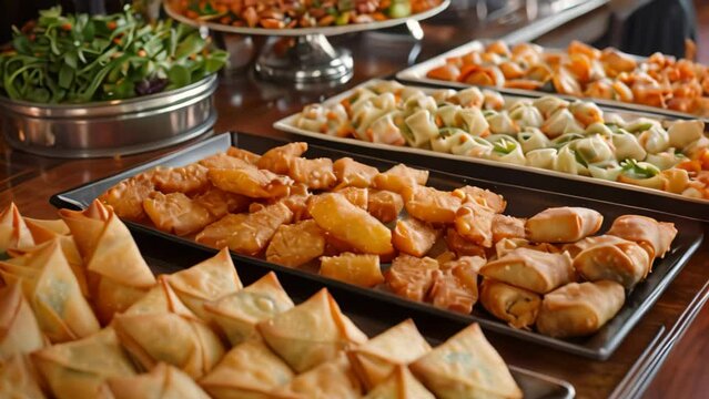 Diverse Spread of Traditional Chinese Appetizers on Buffet Table, A selection of traditional Chinese appetizers, including spring rolls and crab rangoon
