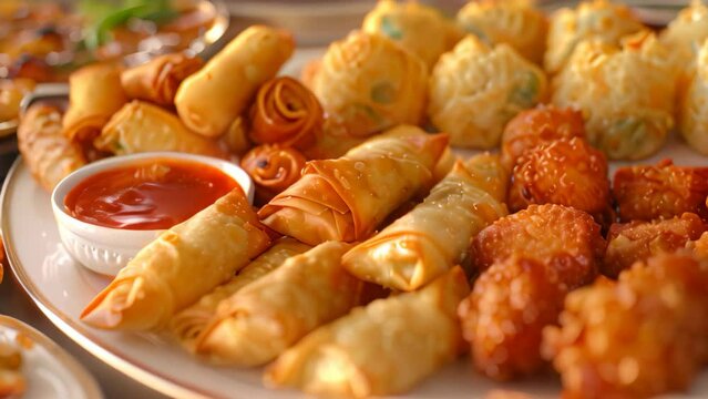 Close-up view of a plate of traditional Chinese appetizers on a table, A selection of traditional Chinese appetizers, including spring rolls and crab rangoon