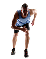 Fitness workout man training isolated on transparent layered background.