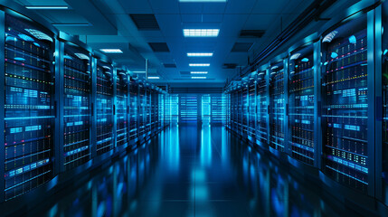 Fototapeta premium Visualization of data center with server racks in 3D concept IT team operates in server room with rows of supercomputers Cyber network hosting data backup render farm