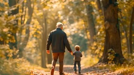 An older man and a young child hold hands as they walk through the forest, A senior holding hands with a grandchild while walking through a sunlit forest path