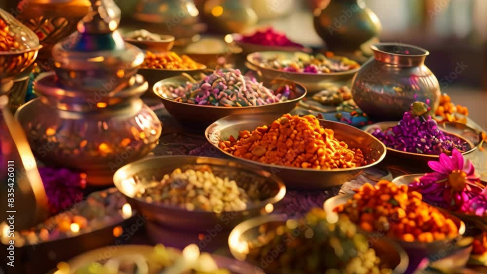 Poster a table showcasing an array of bowls filled with different spices, creating a sensory feast of aroma
