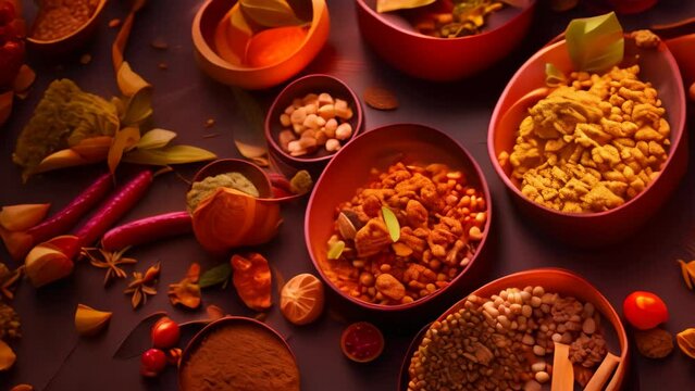 Various types of spices stored in bowls on a wooden table, showcasing colors and textures, A sensory feast of aromas, tastes, and textures in Indian cuisine