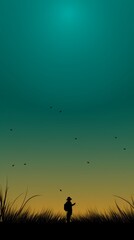 silhouette of a man walking through a field at sunset

