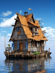 Obraz premium an old wooden house floating on the water 