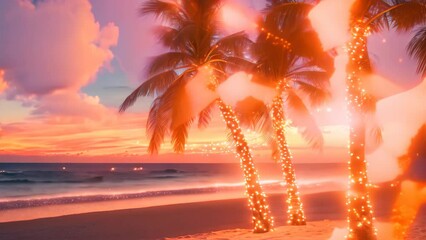 Sunset on a beach where palm trees are wrapped in colorful Christmas lights, A serene beach at sunset, with palm trees decorated with twinkling holiday lights - Powered by Adobe