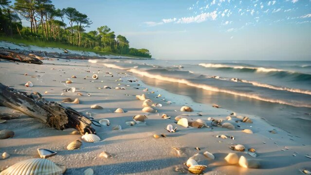 A beach covered with an abundance of shells next to the ocean, A serene beach dotted with seashells and driftwood