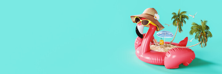Summer vacation concept. Pink flamingo with palm trees and accessories on turquoise blue background...