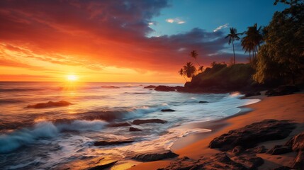 Obraz premium Breathtaking Tropical Beach Sunset with Waves, Palm Trees, and Scenic Shoreline