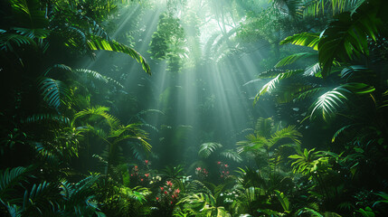 Lush tropical jungle with dense foliage, ferns and sunrays filtering through the green canopy. Nature, rainforest concept.