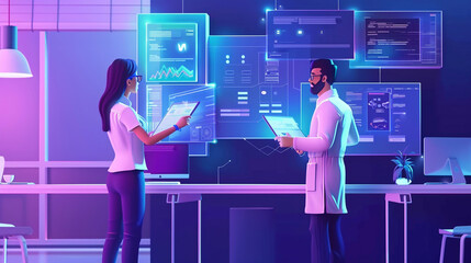 Young male and female engineers in high-tech research office analyze AI software on tablet Collaborative discussion for innovative strategies 