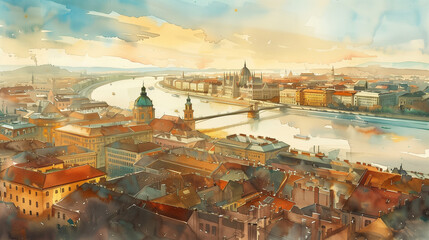 Obraz premium Watercolor art, Budapest city, Hungary