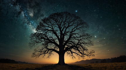 A tree in a field at night