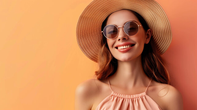 woman wearing a straw hat and sunglasses, posing against a pastel orance background banner with copy space