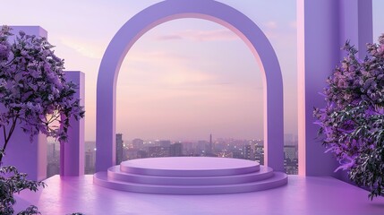 Empty product podium with a whimsical lavender lilac arch, matte paint finish, set against a twilight cityscape. empty stage rectangle podiums on beige background.