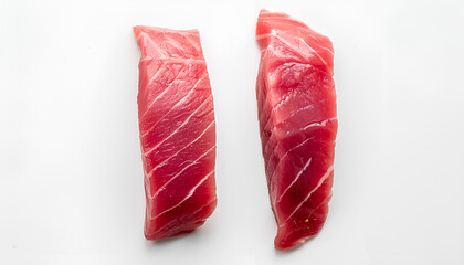 Two raw tuna fillets on white background, top view