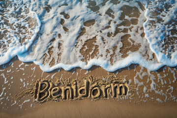 Fototapeta premium Benidorm, Spain written in the sand on a beach. Spanish tourism and vacation background