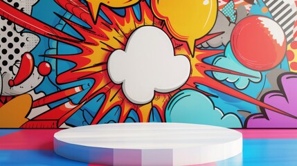 Vibrant comic book-inspired mural featuring speech bubbles and bursts, set in an art studio with a white circular platform.