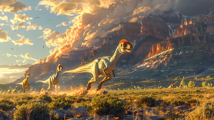 flock of Gallimimus running across a vast plain with a storm brewing in the distance and other dinosaurs nearby