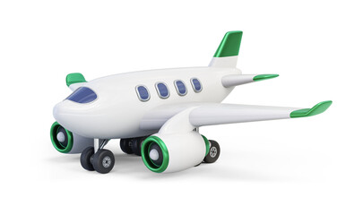 Airplane with green decor isolated on transparent background. 3D render left front view