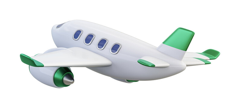 Flying airplane with green decor isolated on transparent background. 3D render left back view