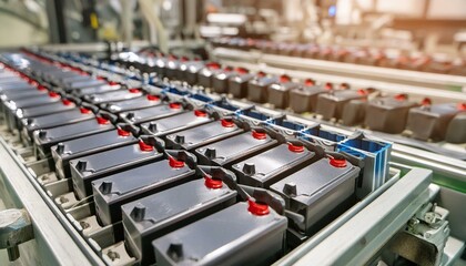 Mass production assembly line of electric vehicle battery cells close-up view