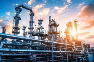 A modern industrial refinery with various pipes and towers at sunset, showcasing vibrant sky colors and metallic structures.