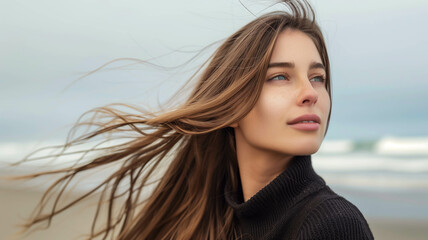 young woman with long, sleek brown hair enjoying a breezy day by the beach