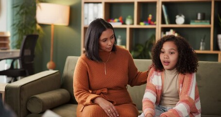 Child, mom and psychology or mental health in therapy for daughter, medical and sad. Family, parent and kid in counseling session for depression, anxiety and consulting with professional support