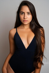 Naklejka premium Girl in black swimsuit on homogeneous light background