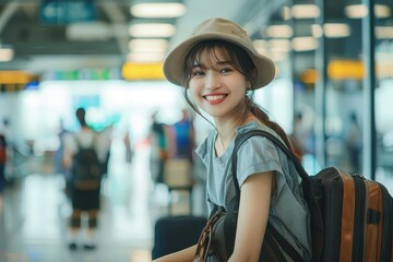 ai generated photo of happy traveler waiting for plane at airport smiling person with luggage