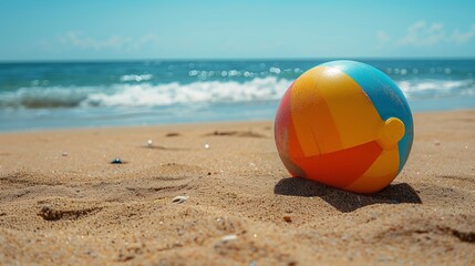 Obraz premium Colorful Beach Ball On Warm Sandy Shore Near Ocean Waves Under Bright Sunlight, Symbolizing Summer Fun, Leisure, And Relaxation Time