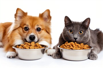 Cute dog and cat with bowls of food, Dogs and Cats Enjoying Their Bowls of Food, Watch These Dogs and Cats Dig into Their Meals